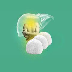 Illustration mit Reis, einem Menschen und einer Leber