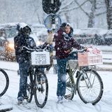 Achtung, Rutschgefahr! Starker Schneefall und Glätte auf den Straßen hält die Niederländer nicht vom Fahrradfahren ab