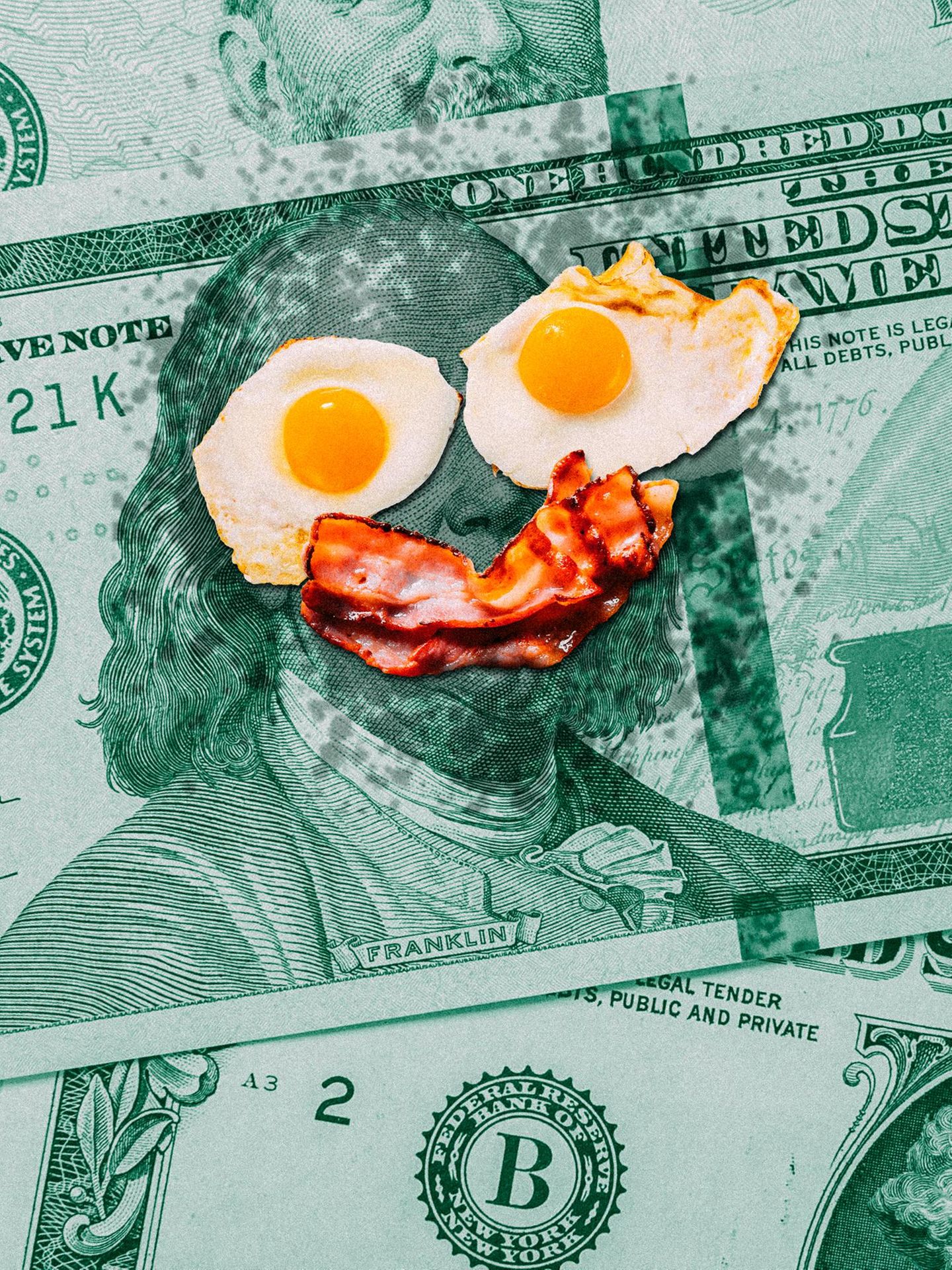 New York: Auf einer Dollar-Note liegen zwei Spiegeleier und ein Stück Bacon