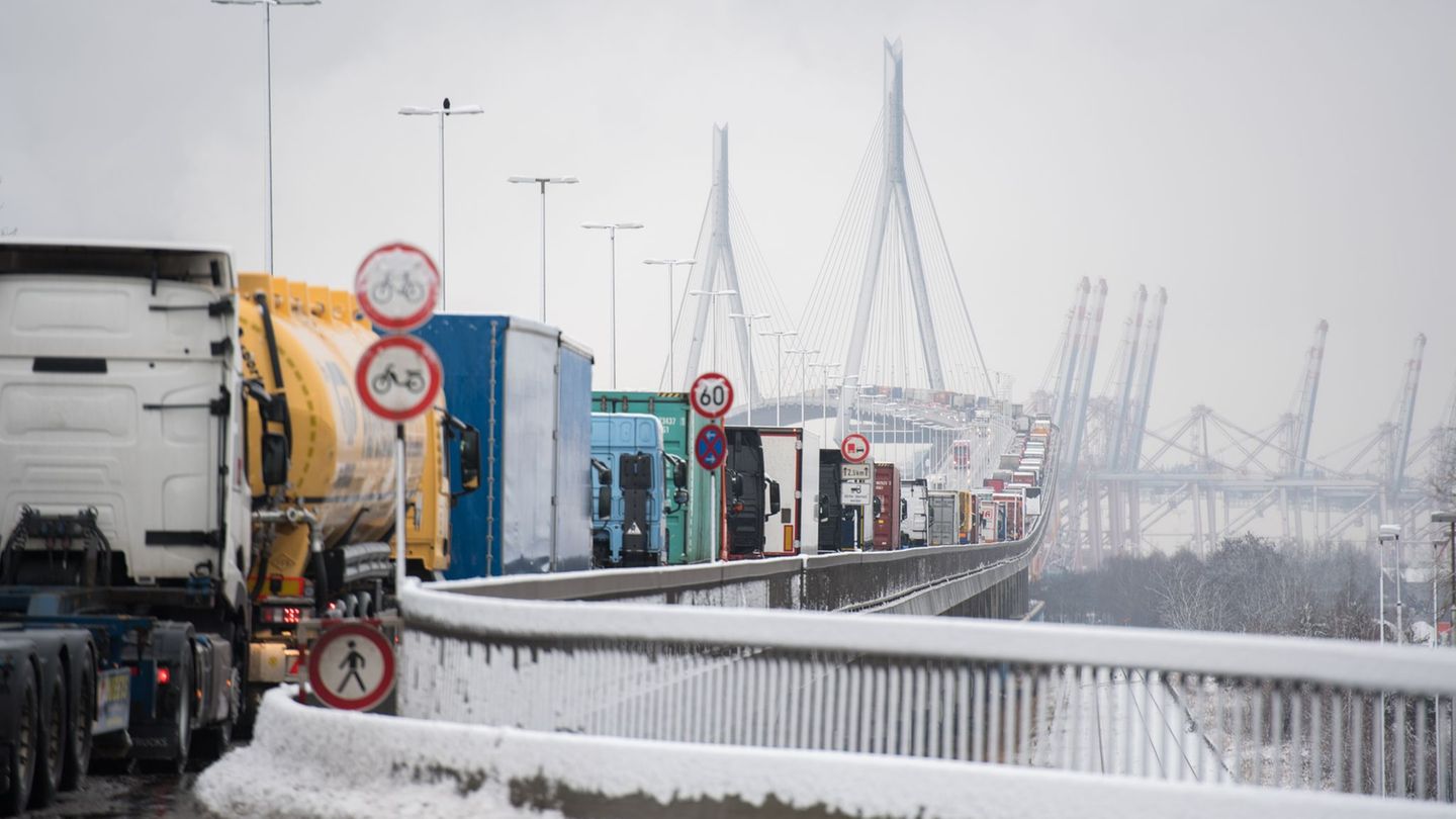 Die Köhlbrandbrücke ist wegen starken Schneefalls zunächst gesperrt. (Archivbild) Foto: Daniel Reinhardt/dpa