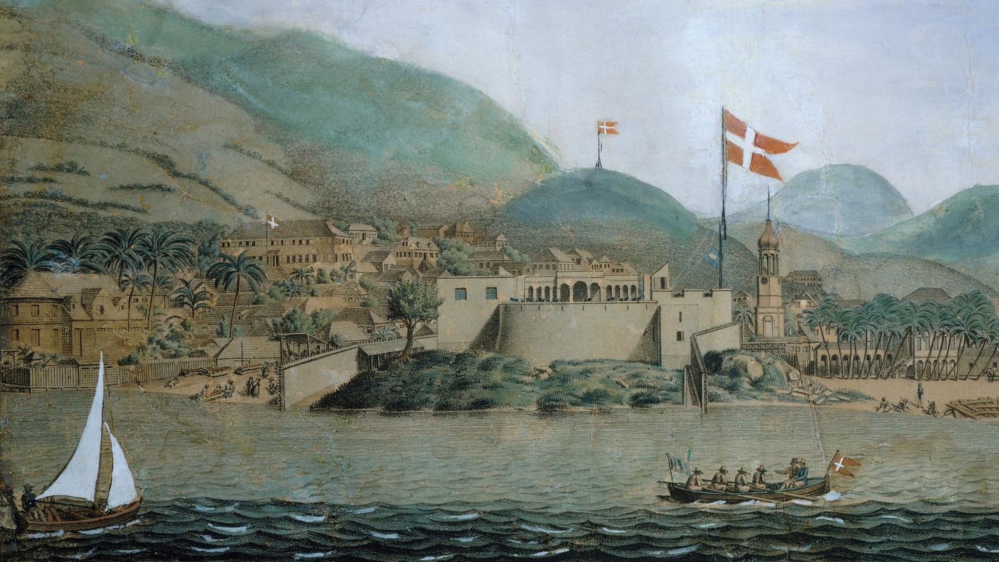 Dänische Flagge weht an Hafen