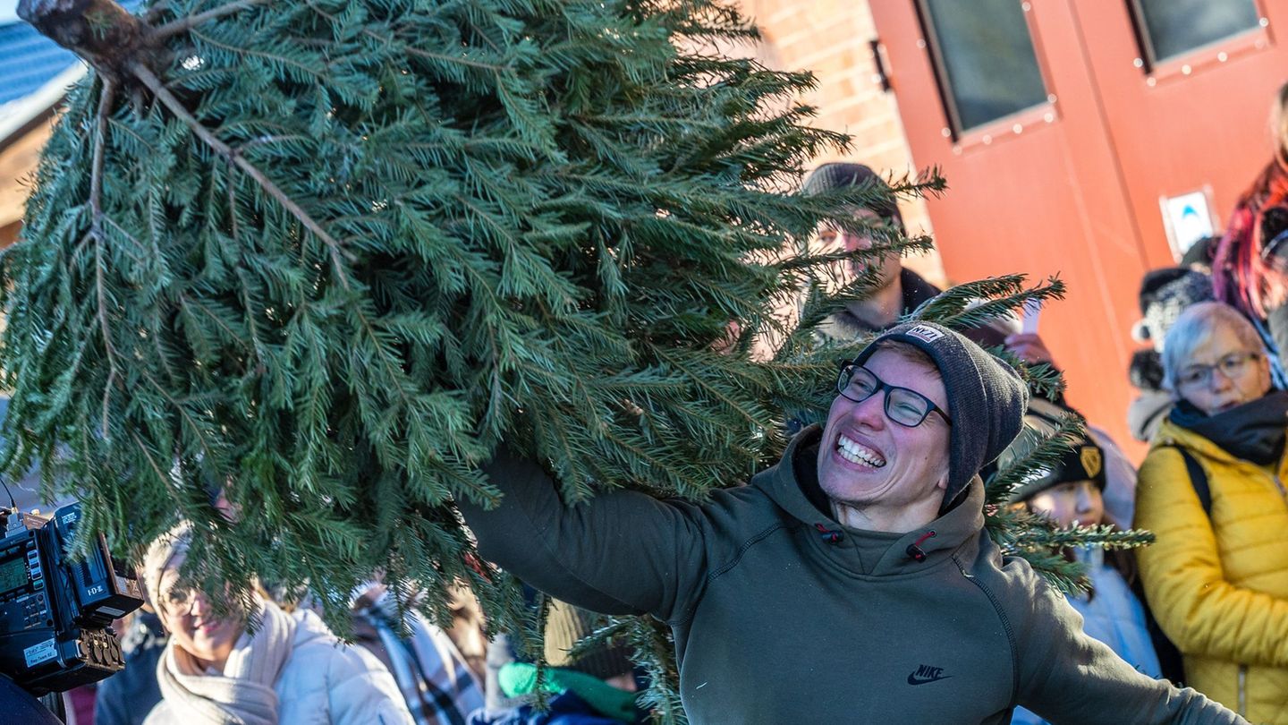 Die Weihnachtsbäume werden in Cottbus möglichst weit geworfen. Foto: Frank Hammerschmidt/dpa