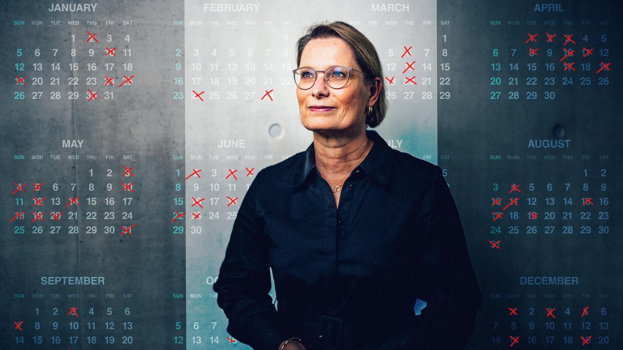 Montage  mit Justizministerin Hubig und einem Kalender, der die Todesdaten der Verstorbenen Frauen anzeigt