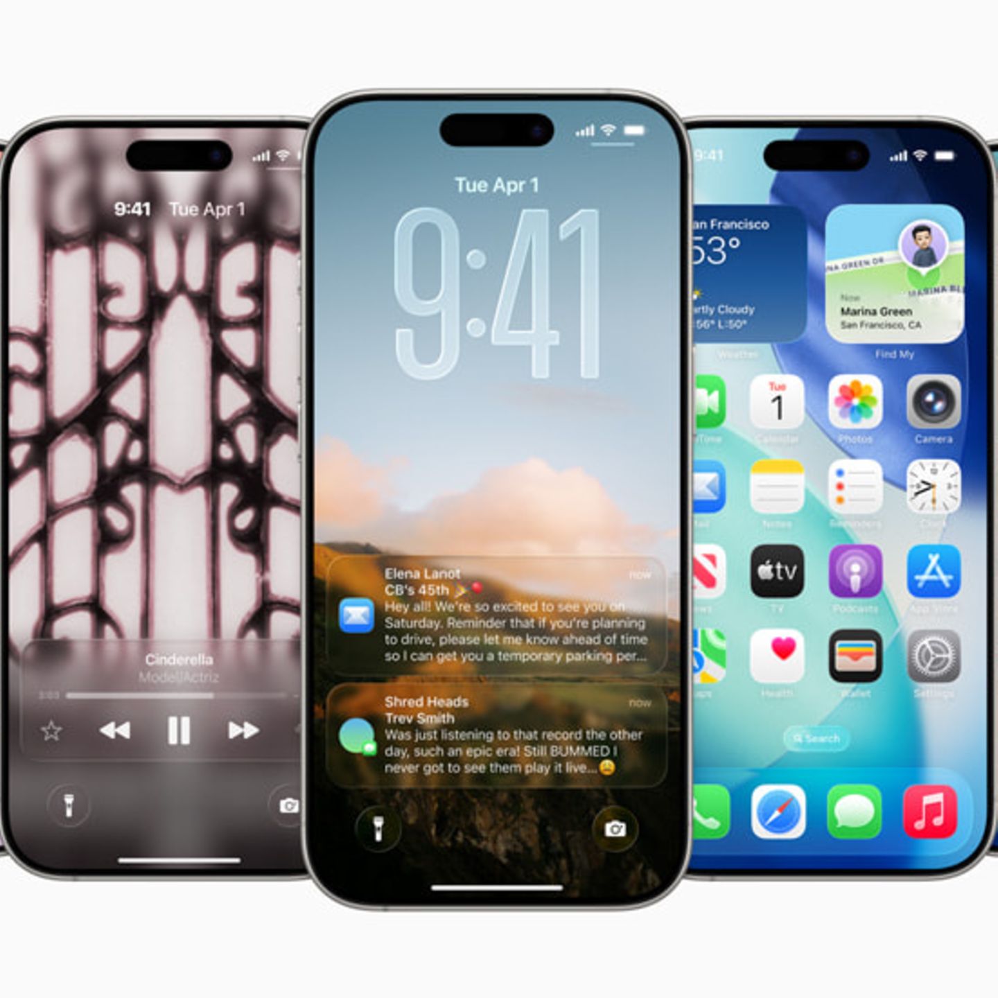 Eine Reihe von iPhones zeigt Features des auf der WWDC vorgestellten iOS 26