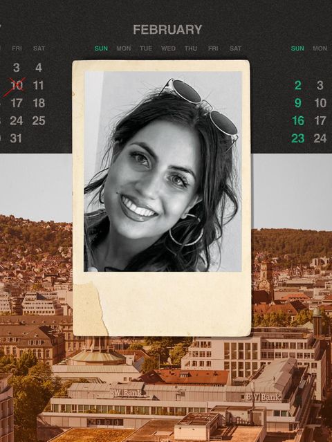 Montage: Kalender mit Todesdatum, ein Foto in Polaroid Optik von der verstorbenen Aleyna und eine Aufsicht von Stuttgart