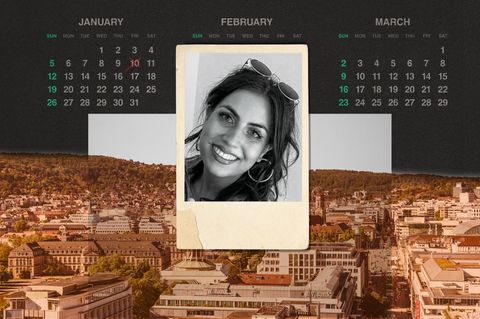Montage: Kalender mit Todesdatum, ein Foto in Polaroid Optik von der verstorbenen Aleyna und eine Aufsicht von Stuttgart