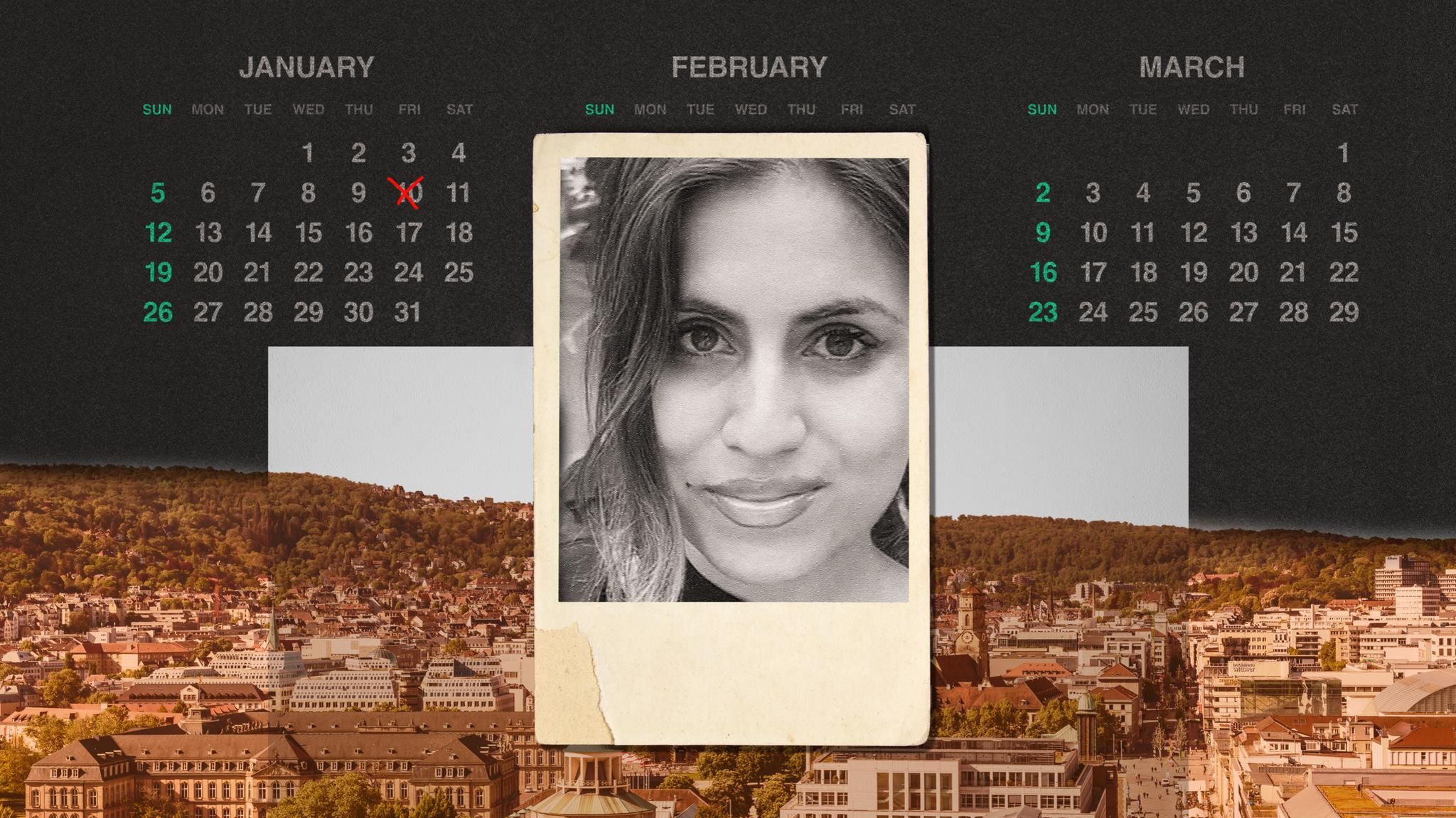 Montage: Kalender mit Todesdatum, ein Foto in Polaroid Optik von der verstorbenen Aleyna und eine Aufsicht von Stuttgart