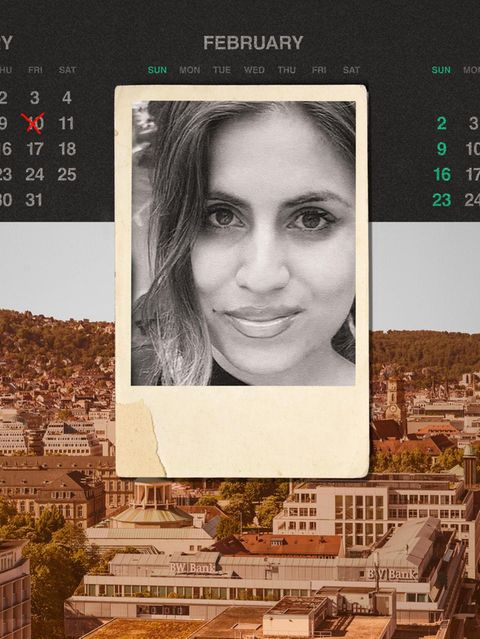 Montage: Kalender mit Todesdatum, ein Foto in Polaroid Optik von der verstorbenen Aleyna und eine Aufsicht von Stuttgart