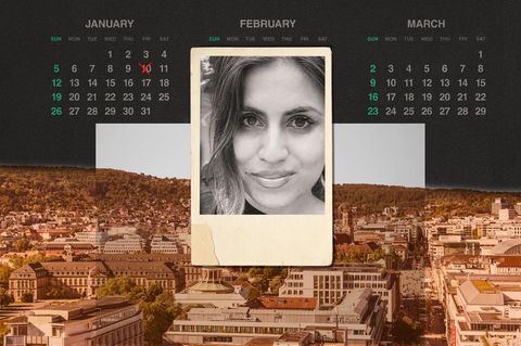Montage: Kalender mit Todesdatum, ein Foto in Polaroid Optik von der verstorbenen Aleyna und eine Aufsicht von Stuttgart