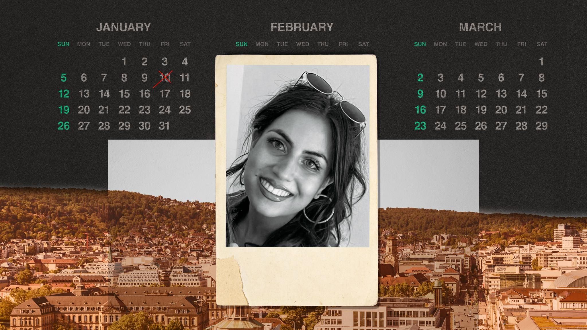Montage: Kalender mit Todesdatum, ein Foto in Polaroid Optik von der verstorbenen Aleyna und eine Aufsicht von Stuttgart