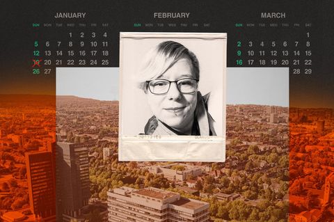 Montage: Kalender mit Todesdatum, ein Foto in Polaroid Optik von der verstorbenen Sarah und eine Aufsicht von Dortmund