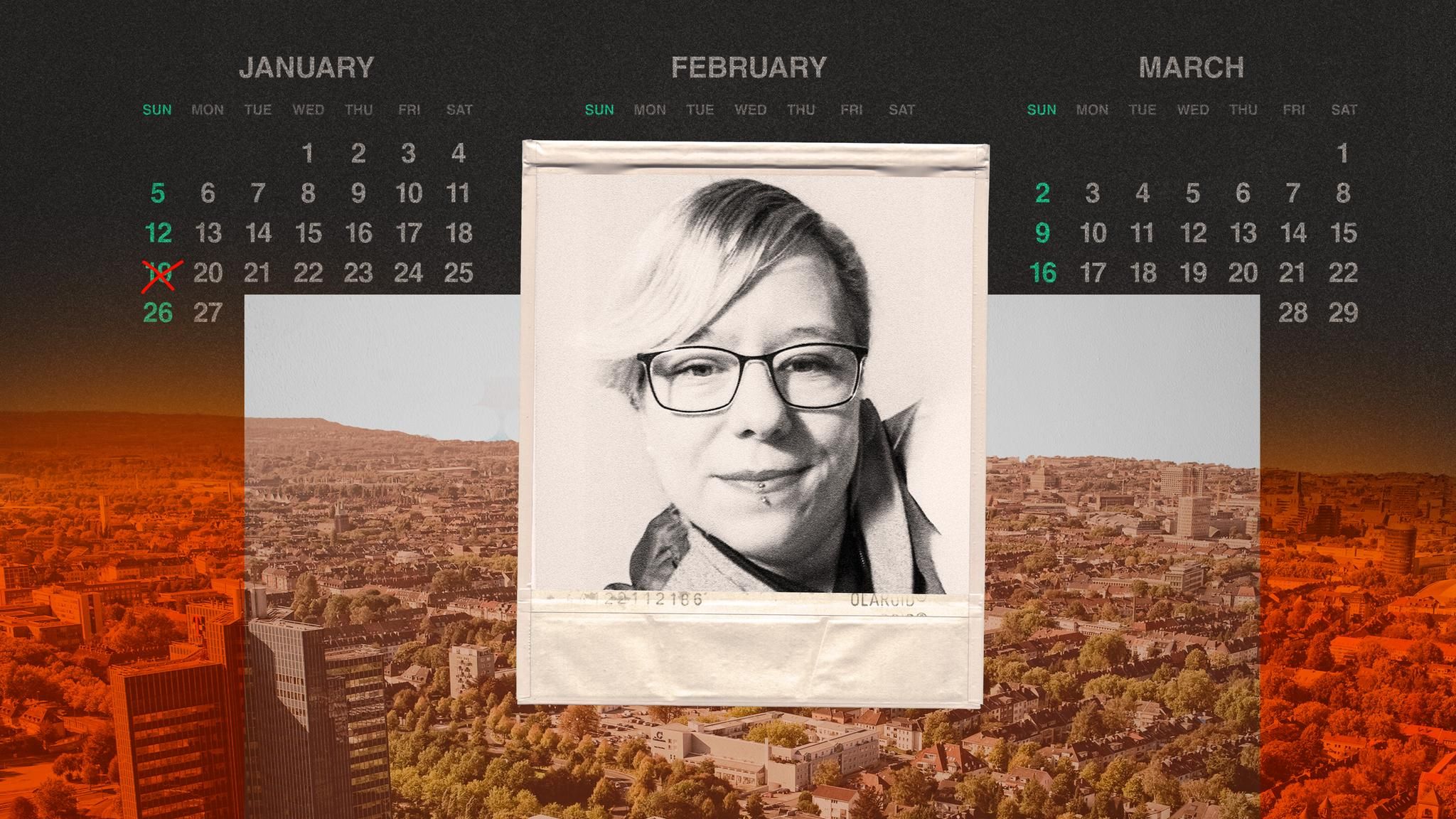 Montage: Kalender mit Todesdatum, ein Foto in Polaroid Optik von der verstorbenen Sarah und eine Aufsicht von Dortmund