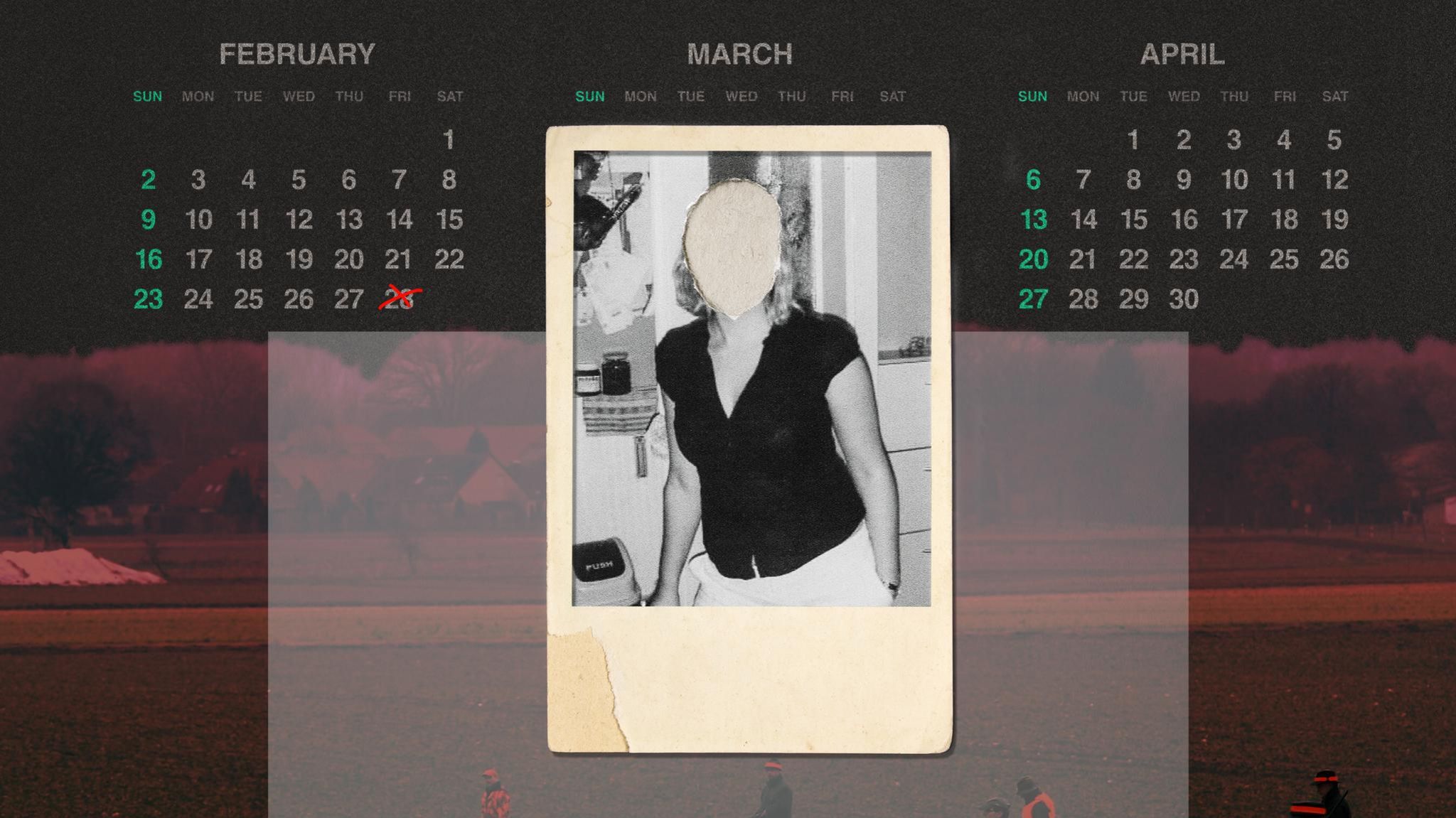 Montage: Kalender mit Todesdatum, ein Foto in Polaroid Optik von der verstorbenen Marie Brammer und einem Foto aus der Region