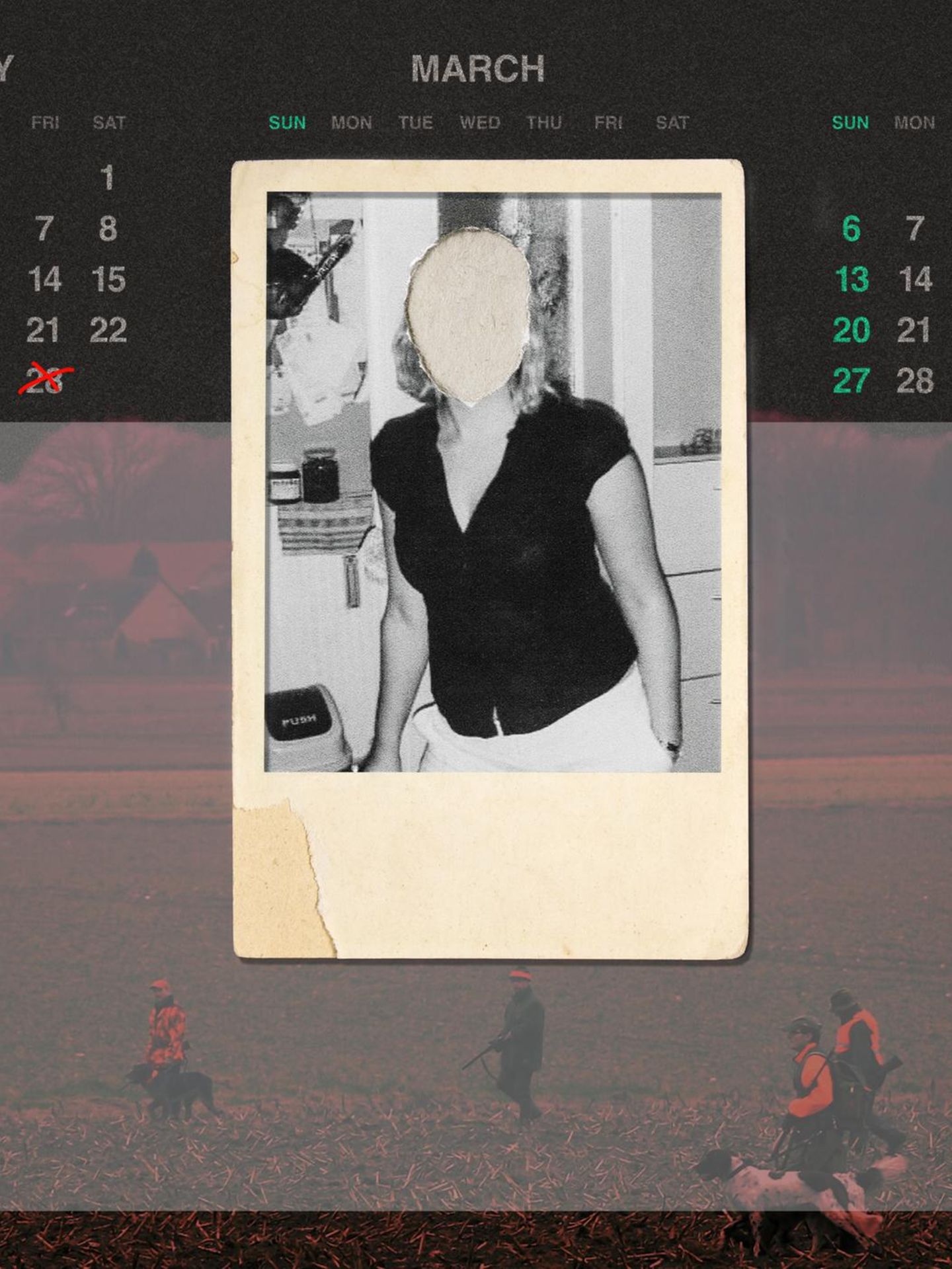 Montage: Kalender mit Todesdatum, ein Foto in Polaroid Optik von der verstorbenen Marie Brammer und einem Foto aus der Region