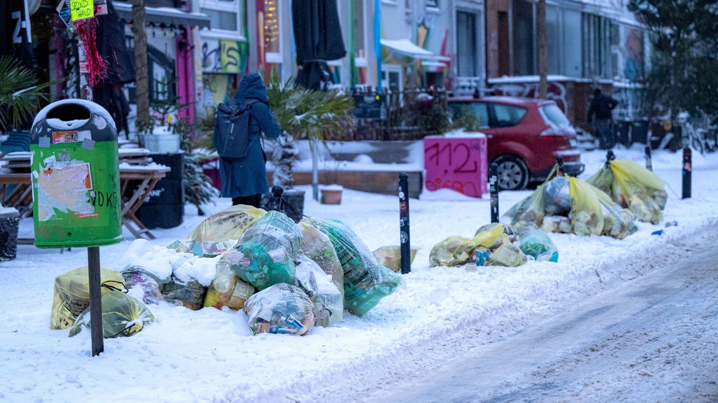 Glatte Straßen und starkes Schneetreiben haben mancherorts die Müllabfuhr gestoppt. (Archibild) Foto: Sina Schuldt/dpa