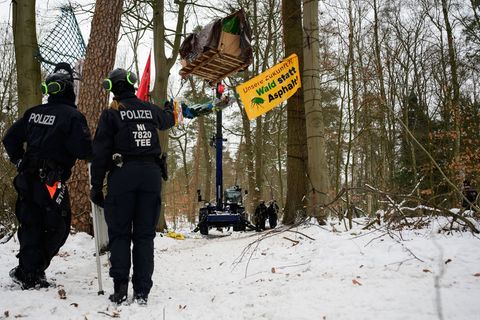 Polizisten räumen Plattformen in einem Wald bei Lüneburg, auf denen Aktivisten seit Wochen gegen den Ausbau der A39 protestieren