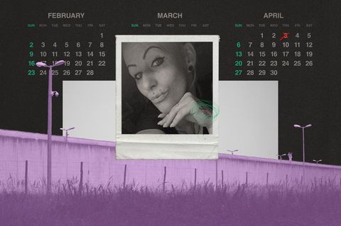 Montage: Kalender mit Todesdatum, ein Foto in Polaroid Optik von der verstorbenen Franziska und ein bild der JVA Burg