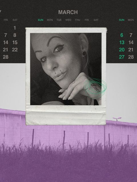 Montage: Kalender mit Todesdatum, ein Foto in Polaroid Optik von der verstorbenen Franziska und ein bild der JVA Burg