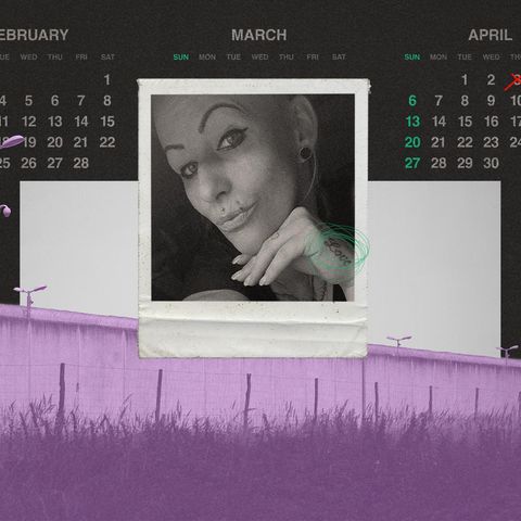 Montage: Kalender mit Todesdatum, ein Foto in Polaroid Optik von der verstorbenen Franziska und ein bild der JVA Burg