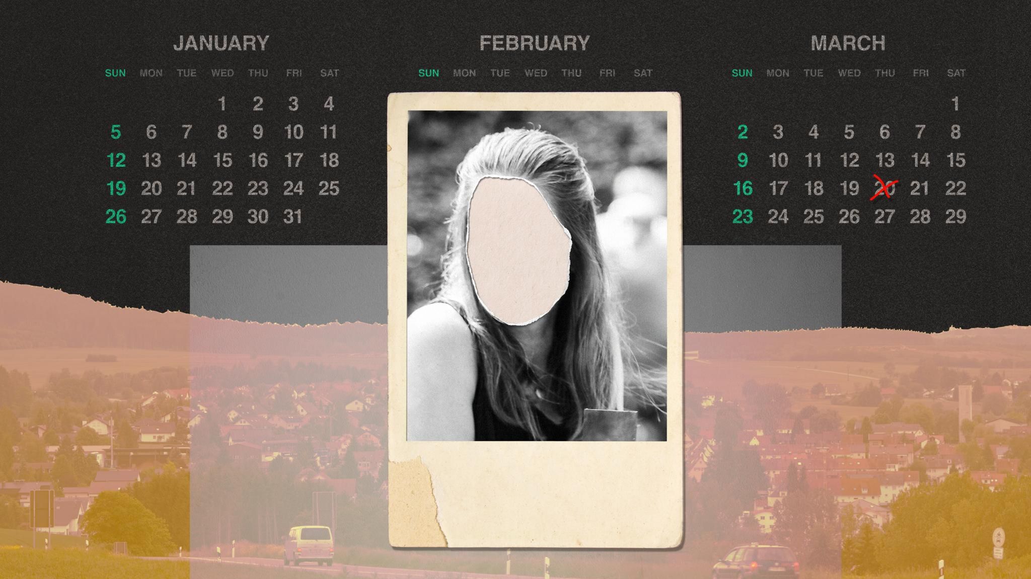 Montage: Kalender mit Todesdatum, ein Foto in Polaroid Optik von der verstorbenen Stefanie und eine Aufsicht vom LK Tuttlingen