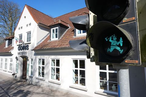 Wikinger-Ampelmännchen regeln Verkehr bei Haithabu. (Archivbild) Foto: Marcus Brandt/dpa