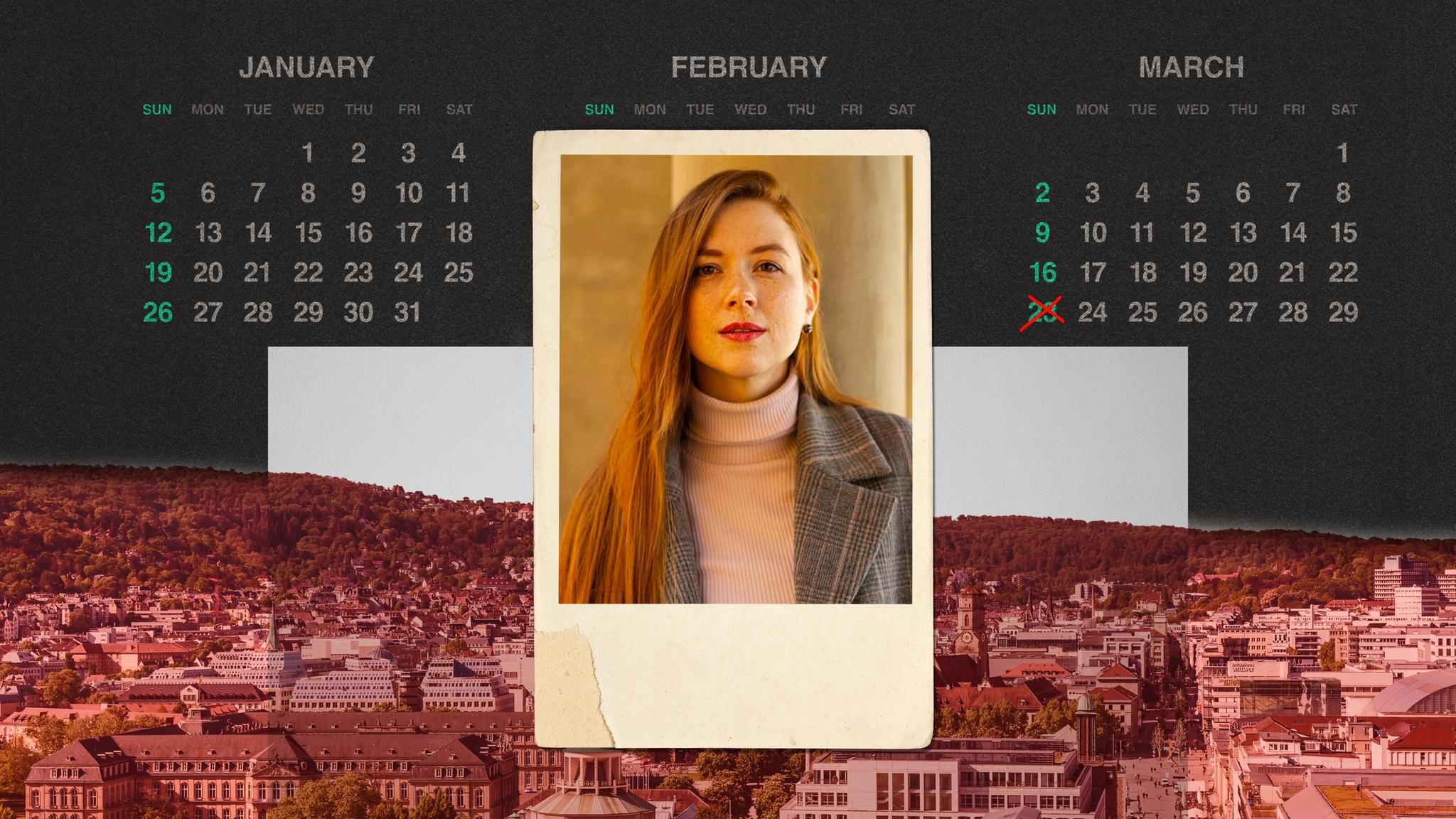Montage: Kalender mit Todesdatum, ein Foto in Polaroid Optik von der verstorbenen Zinaida und eine Aufsicht von Stuttgart