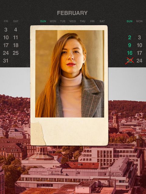 Montage: Kalender mit Todesdatum, ein Foto in Polaroid Optik von der verstorbenen Zinaida und eine Aufsicht von Stuttgart