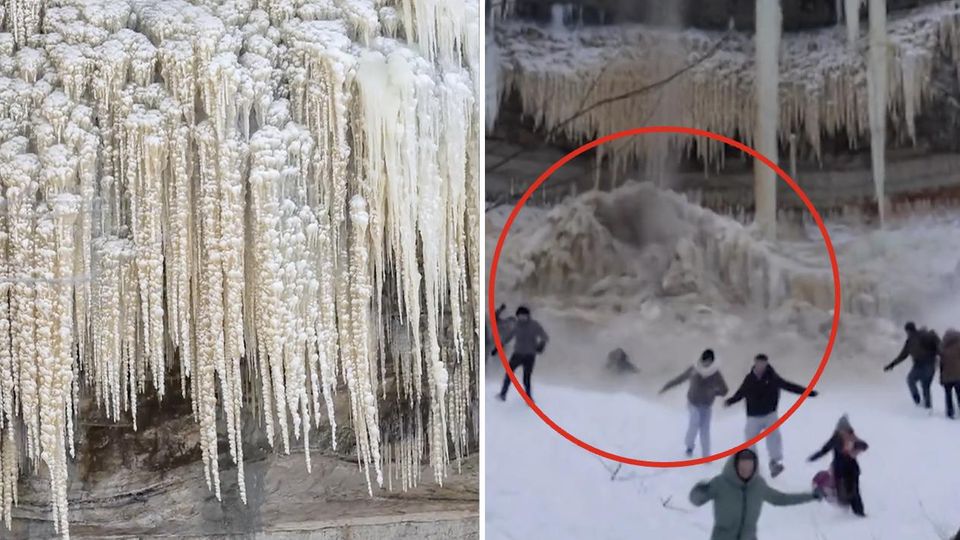 Eis-Wasserfall bricht ein – und verfehlt Touristen nur knapp