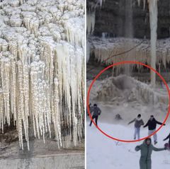 Eis-Wasserfall bricht ein – und verfehlt Touristen nur knapp