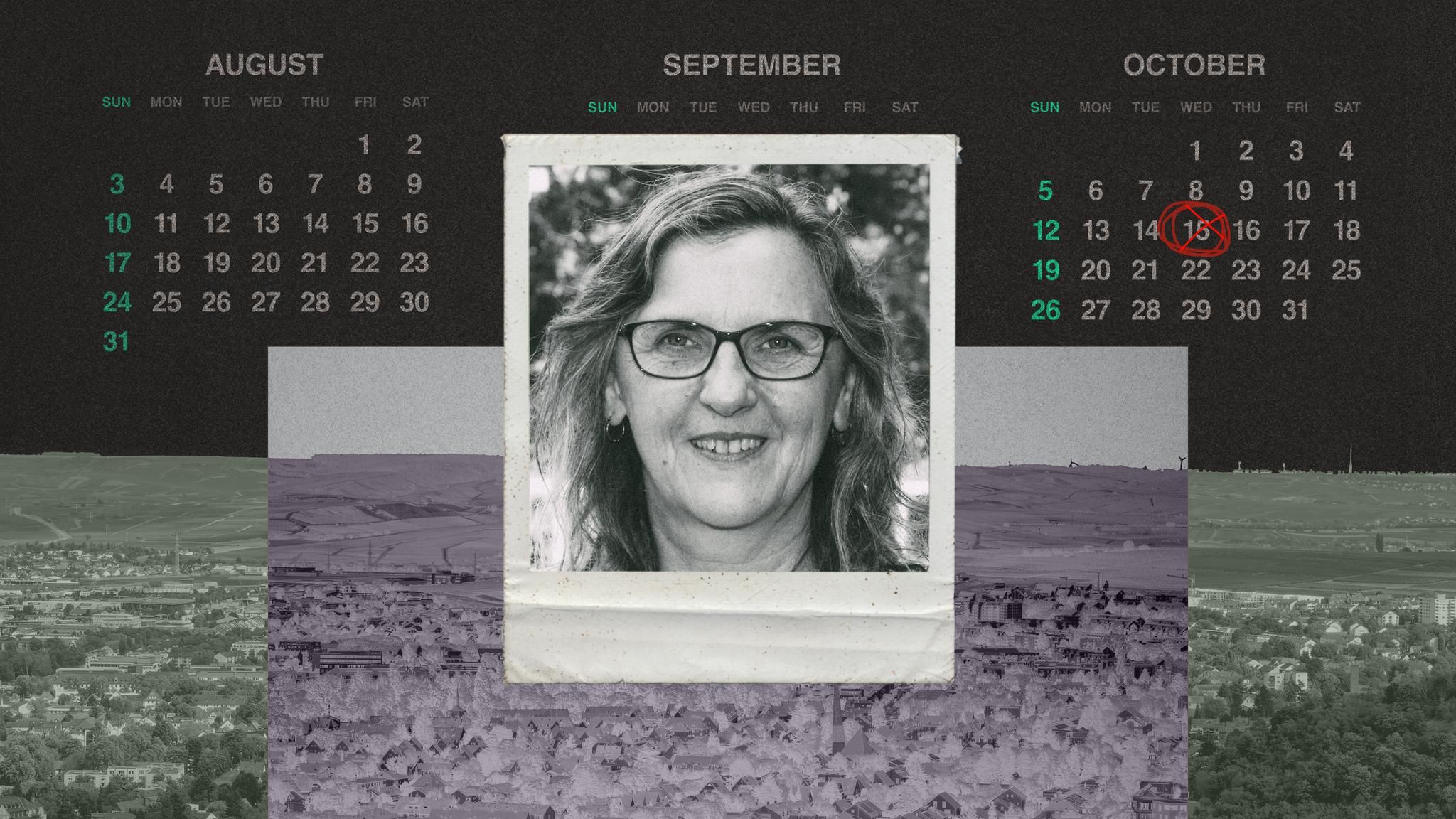 Montage: Kalender mit Todesdatum, ein Foto in Polaroid Optik von der verstorbenen Monica und eine Aufsicht von Bad Kreuznach