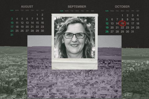 Montage: Kalender mit Todesdatum, ein Foto in Polaroid Optik von der verstorbenen Monica und eine Aufsicht von Bad Kreuznach