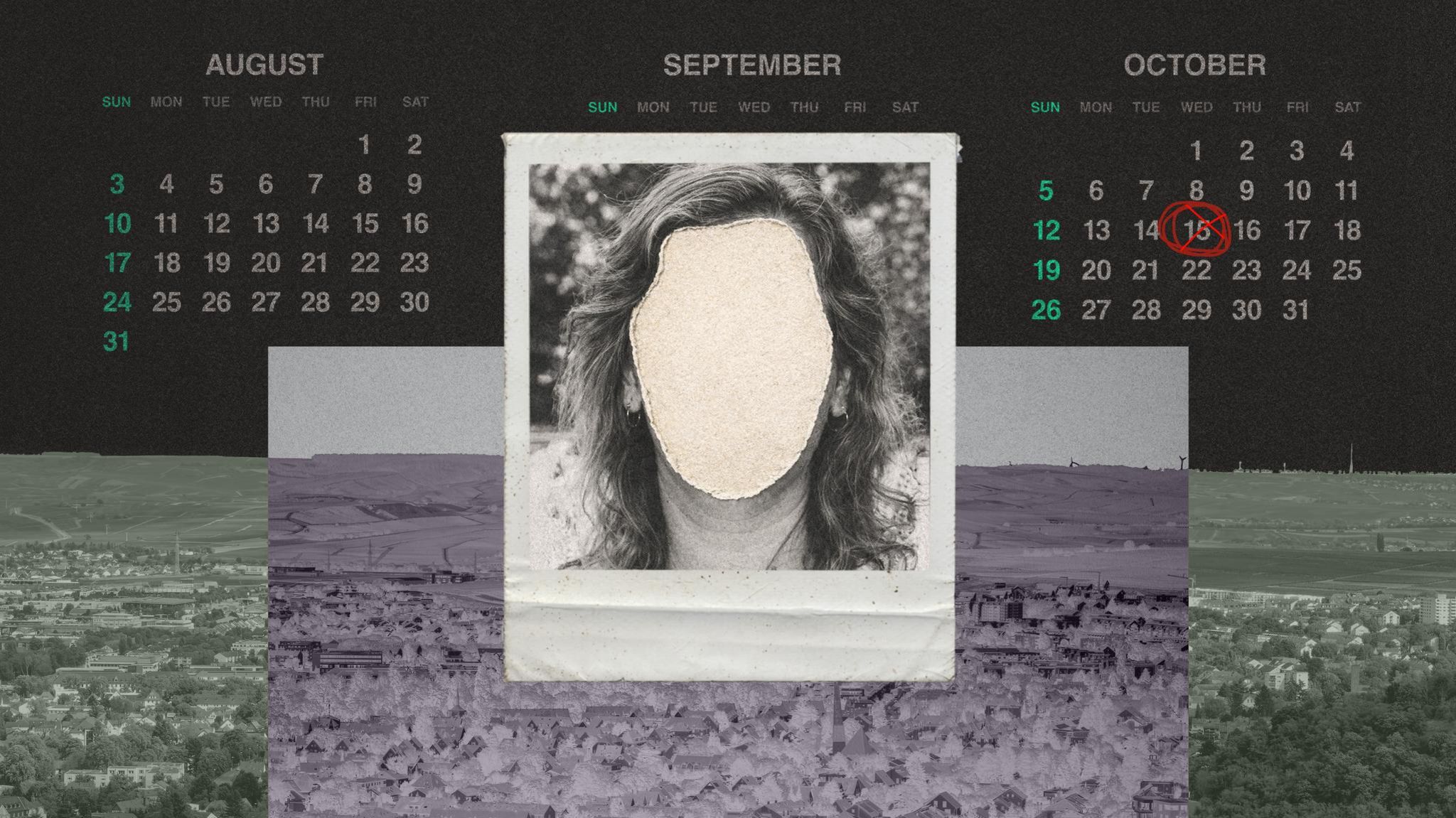 Montage: Kalender mit Todesdatum, ein Foto in Polaroid Optik von der verstorbenen Monica und eine Aufsicht von Bad Kreuznach