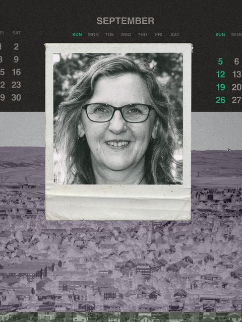 Montage: Kalender mit Todesdatum, ein Foto in Polaroid Optik von der verstorbenen Monica und eine Aufsicht von Bad Kreuznach