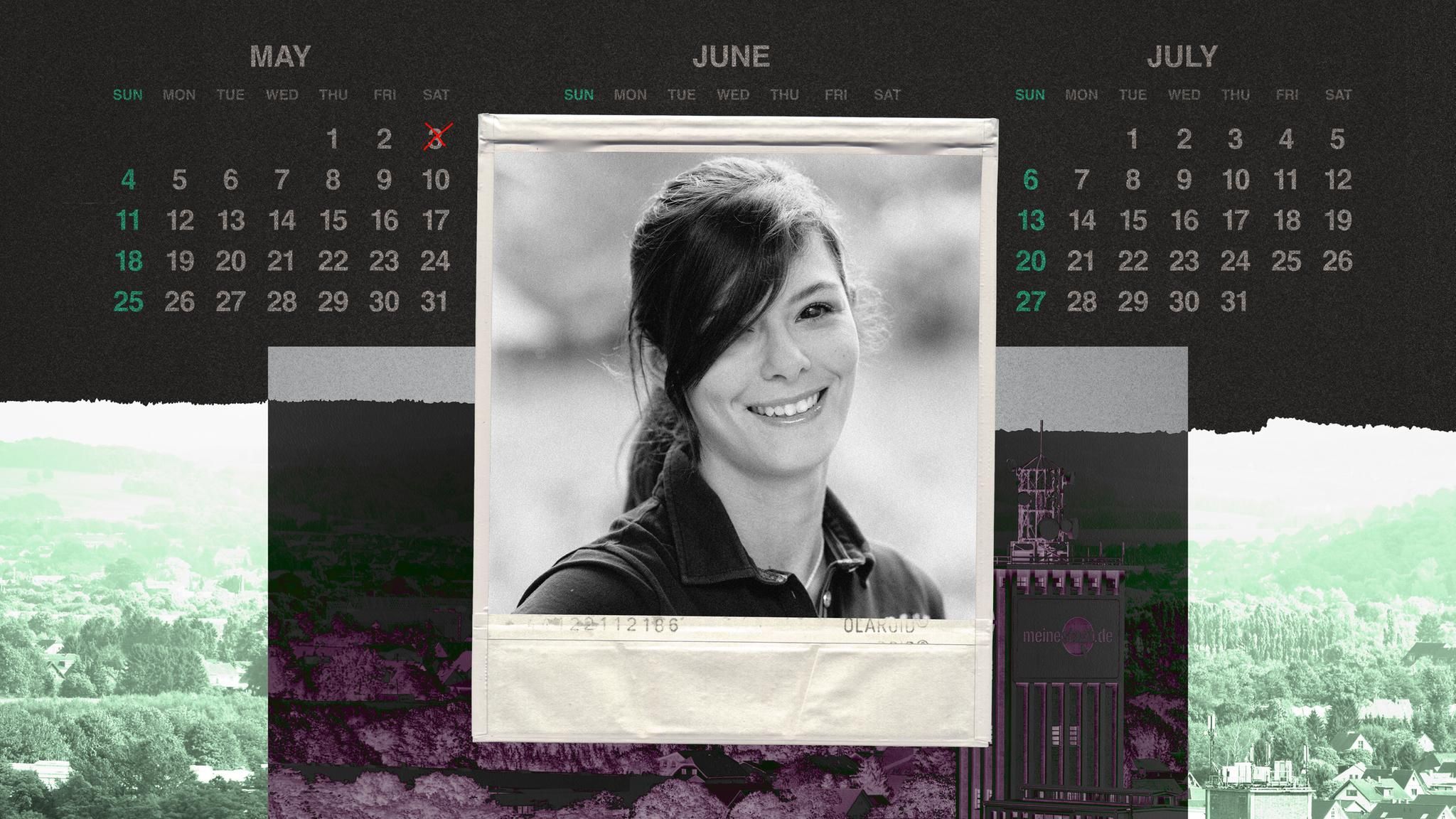 Montage: Kalender mit Todesdatum, ein Foto in Polaroid Optik von der verstorbenen Michelle Knäpper u. eine Aufsicht von Siegburg