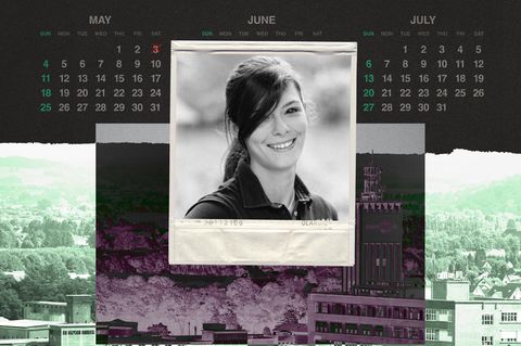 Montage: Kalender mit Todesdatum, ein Foto in Polaroid Optik von der verstorbenen Michelle Knäpper u. eine Aufsicht von Siegburg