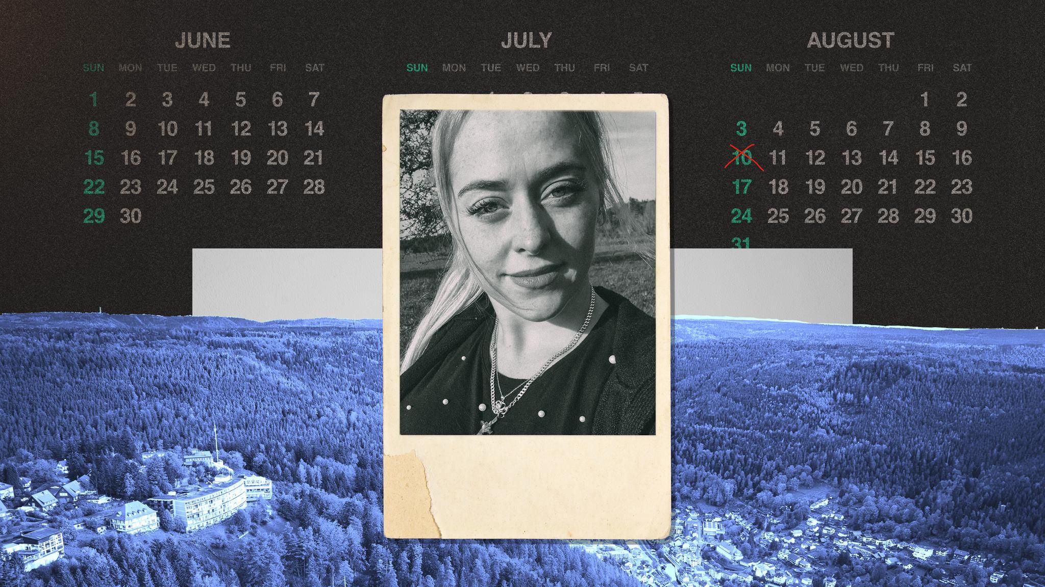 Montage: Kalender mit Todesdatum, ein Foto in Polaroid Optik von der verstorbenen Daniela u. eine Aufsicht von Bad Wildbad