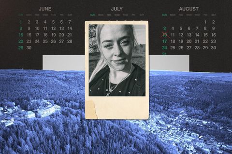 Montage: Kalender mit Todesdatum, ein Foto in Polaroid Optik von der verstorbenen Daniela u. eine Aufsicht von Bad Wildbad