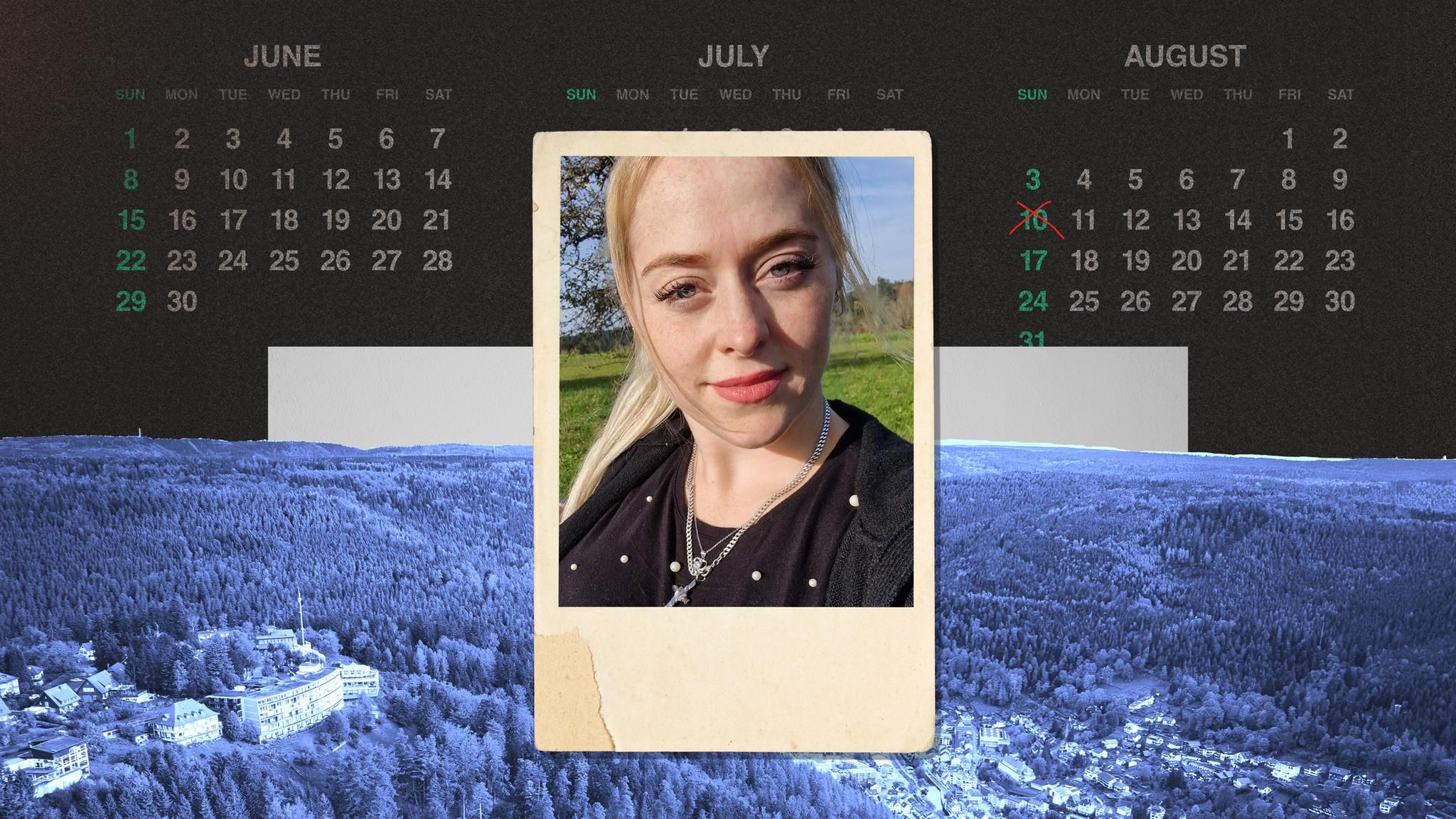 Montage: Kalender mit Todesdatum, ein Foto in Polaroid Optik von der verstorbenen Daniela u. eine Aufsicht von Bad Wildbad
