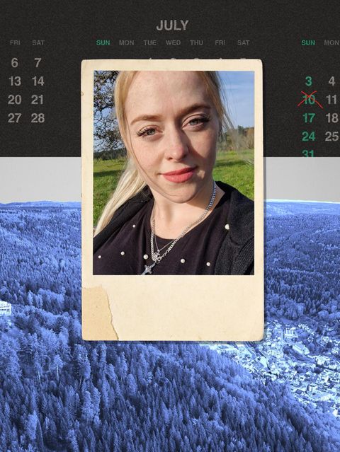 Montage: Kalender mit Todesdatum, ein Foto in Polaroid Optik von der verstorbenen Daniela u. eine Aufsicht von Bad Wildbad