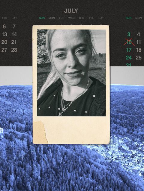 Montage: Kalender mit Todesdatum, ein Foto in Polaroid Optik von der verstorbenen Daniela u. eine Aufsicht von Bad Wildbad