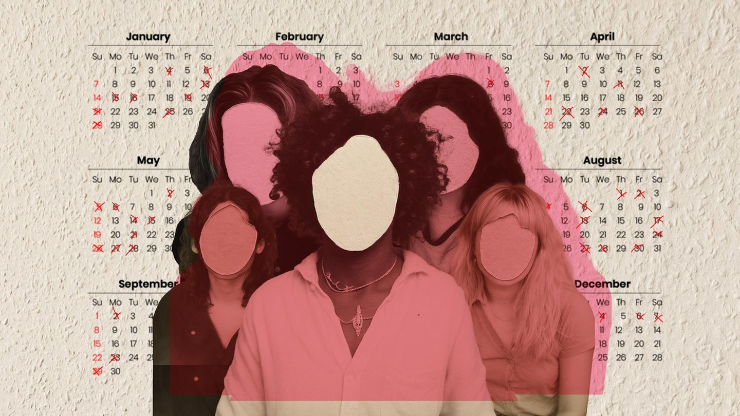 Montage aus KI-Portraits mit ausgeschnittenen Gesichtern, im Hintergrund Raufasertapete und ein Kalender aus 2024