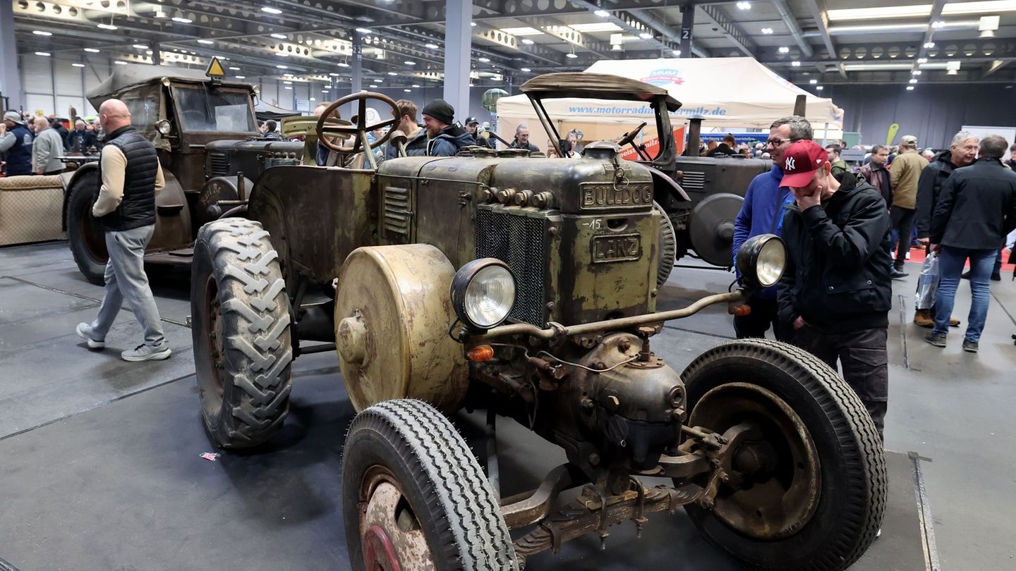 Hochglanzautos stehen auf der Messe neben alten Traktoren. Foto: Bodo Schackow/dpa