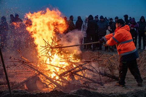 Ein letztes Mal sorgen Weihnachtsbäume in Stralsund für eine warme Atmosphäre. Foto: Stefan Sauer/dpa