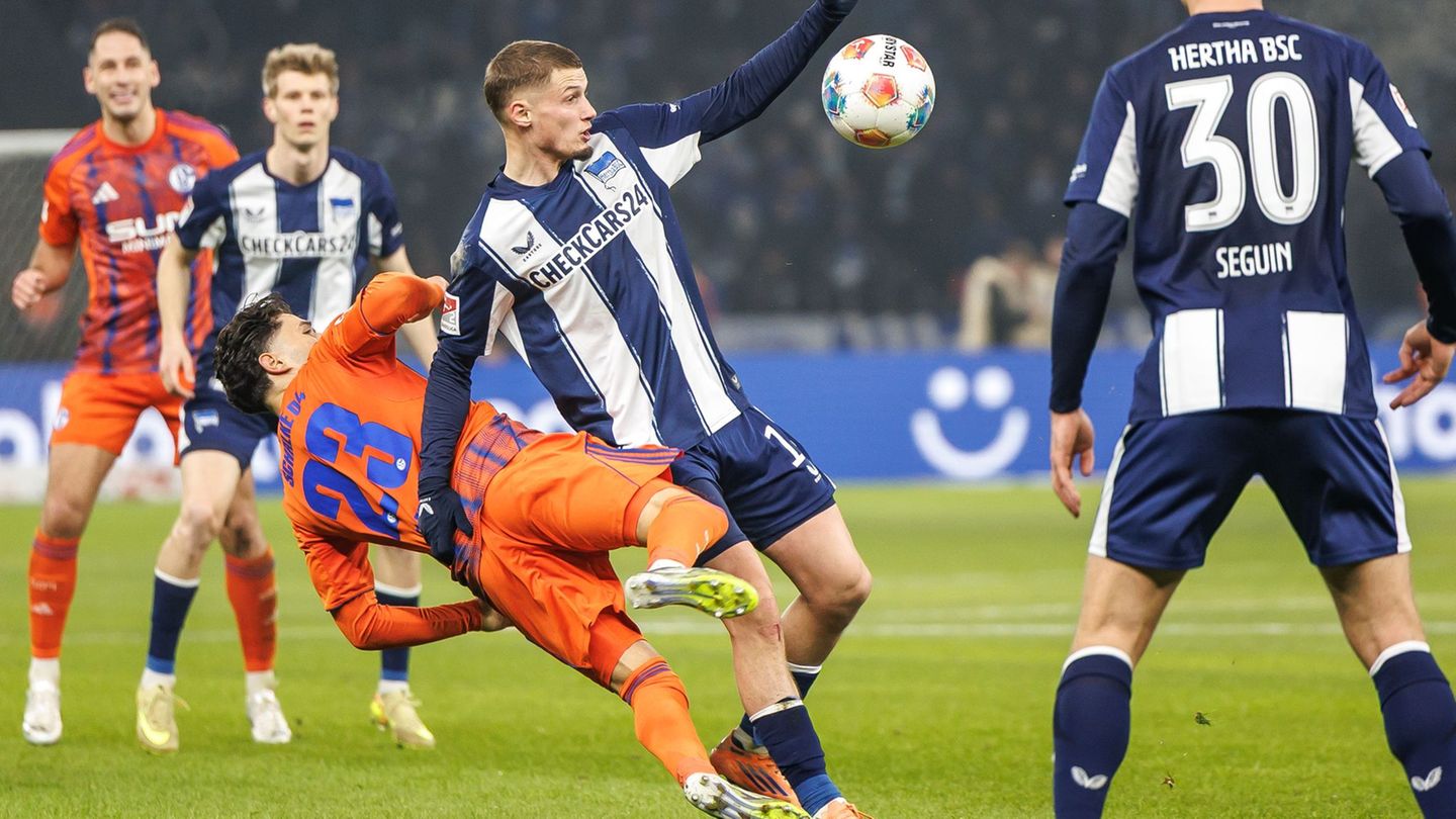 Herthas Michael Cuisance kämpft im Spiel gegen Schalke um den Ball. Foto: Andreas Gora/dpa