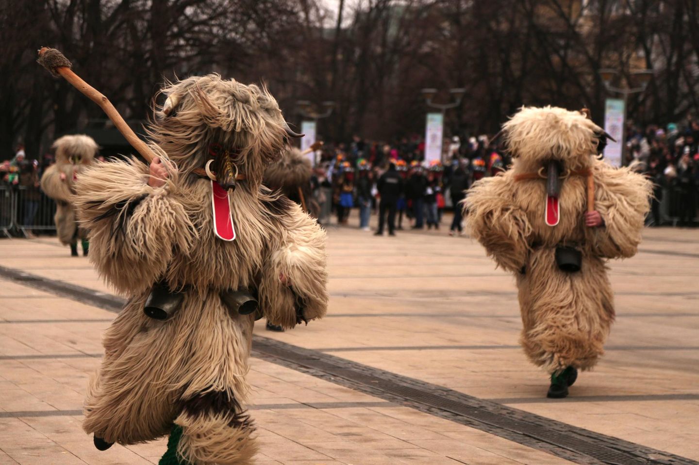 Pernik, Bulgarien. Zwei Teilnehmer – sogenannte Kukeri – des Surva International Festival of Masquerade ("Internationales Festival der Maskenspiele") in Aktion. Das dreitägige Volksfest lockt seit 1966 alljährlich Tausende Menschen nach Westbulgarien, wo – ganz tief in der heidnischen Tradition verwurzelt – mit aufwendig gestalteten Masken und Kostümen böse Geister abgewehrt werden sollen. 