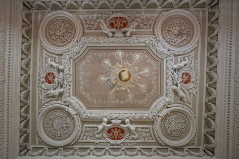 Blick auf die Stuckdecke im Gemach der Herzogin Maria Amalia im Schloss Moritzburg. Foto: Heiko Rebsch/dpa