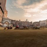 Ganz unten, auf Knöchelhöhe, fängt das Objektiv genau jenen Augenblick ein, in dem ein Pferd stürzt, beim "Palio di Siena", das zu den härtesten Rennen der Welt zählt. Auf dem gut 300 Meter langen Rundkurs in der toskanischen Stadt treten die 17 Bezirke Sienas gegeneinander an. Gewonnen hat, wessen Pferd zuerst die Ziellinie überquert, auch ohne Reiter. Tierschützende kritisieren das Spektakel, bei dem seit 1970 gut 50 Tiere verendet sein sollen