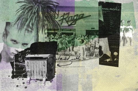 Collage zeigt ein Bild von Bill Newton, einen Abfallcontainer und den Eingang des Clubs "Rage"