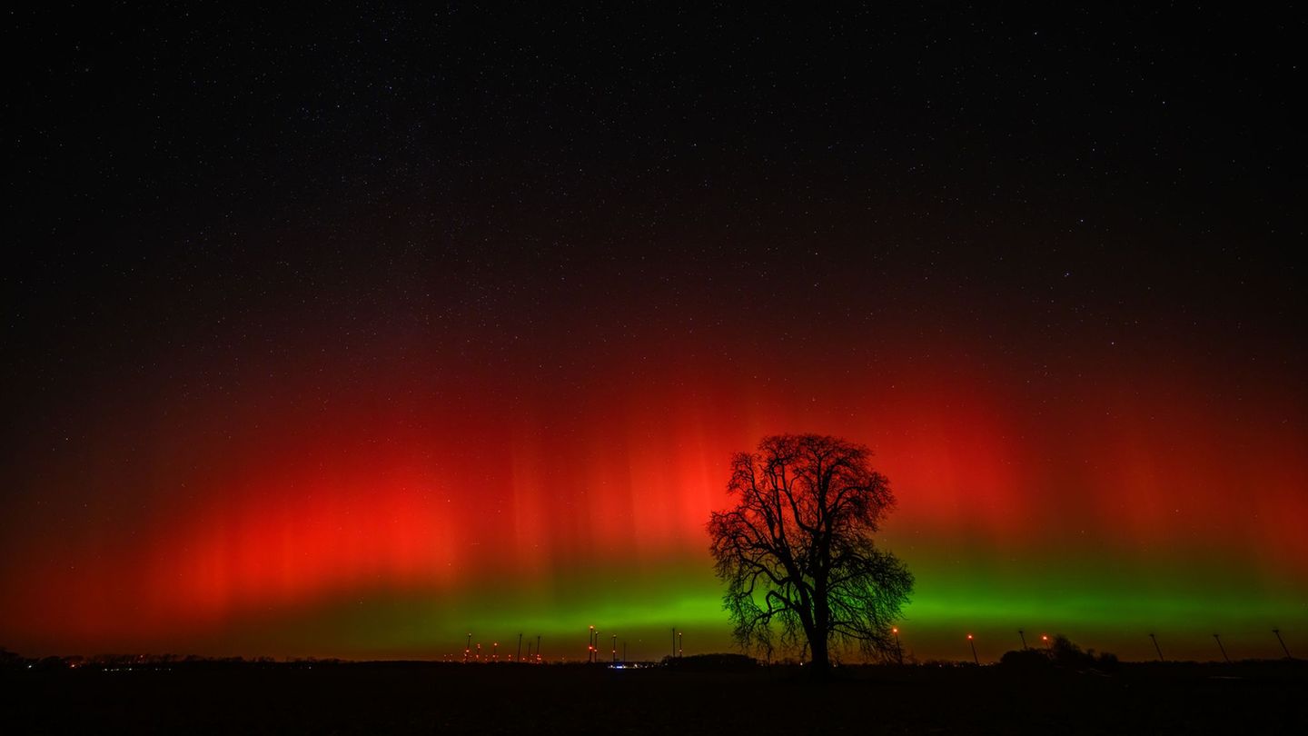 Polarlichter sind am Himmel über Brandenburg zu sehen. Foto: Patrick Pleul/dpa