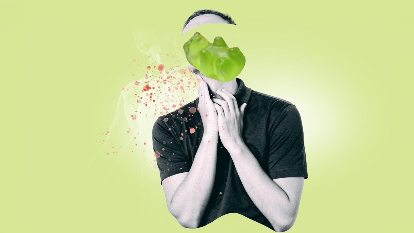 Illustration: Gummibärchen am Hals eines Mannes